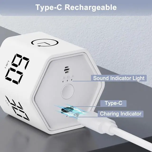 Alt view image 5 of 7 - Rotating Pomodoro Timer 1 5 10 30 60 Min Preset, Hexagon ADHD Flip ProductivityTimer Tool Pause, Vibration, Mute, Adjustable Sound Alert for Work, Study, Back to School, Kitchen, White