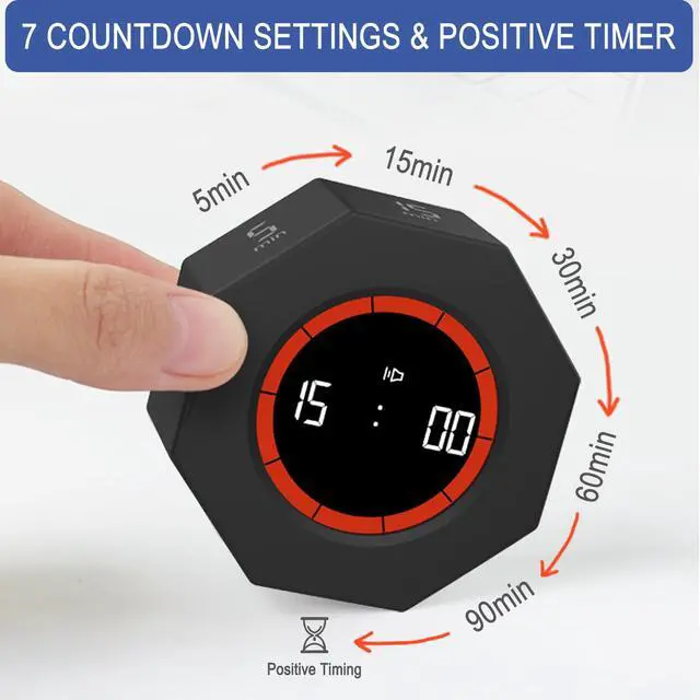Alt view image 4 of 7 - Digital Productivity Timer, Octagon Rotating Pomodoro Timers with Gravity-sensor, 1-3-5-15-30-60-90 Min Countdown, Portable Adjustable Sound Alert Multi Desk Timer or Study Task, Kitchen, Black
