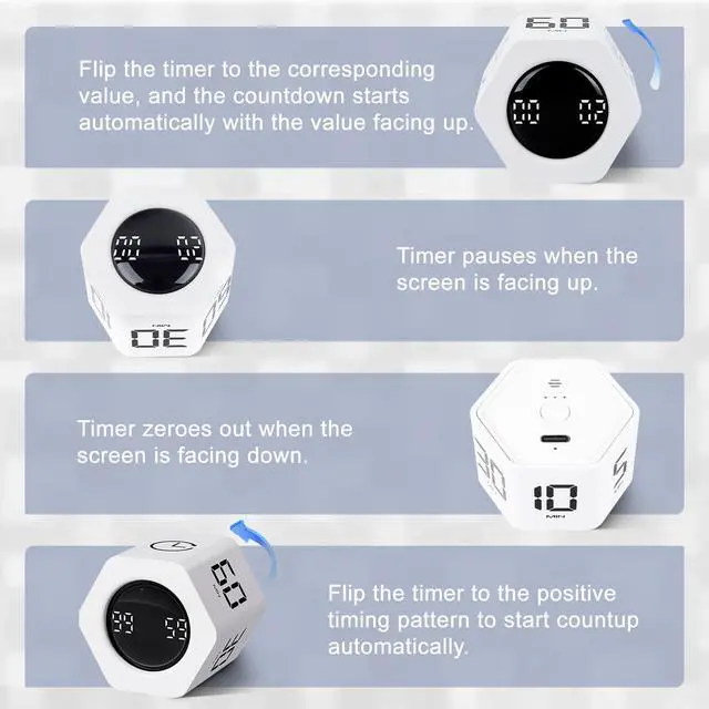 Alt view image 3 of 7 - Rotating Pomodoro Timer 1 5 10 30 60 Min Preset, Hexagon ADHD Flip ProductivityTimer Tool Pause, Vibration, Mute, Adjustable Sound Alert for Work, Study, Back to School, Kitchen, White