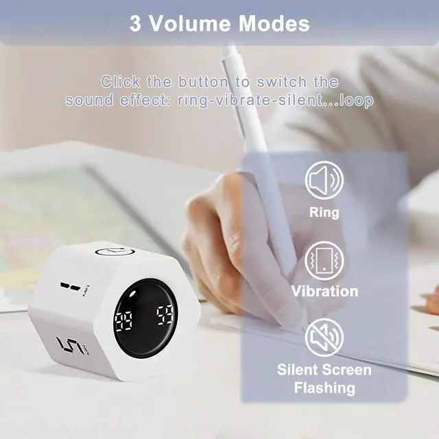 Alt view image 4 of 7 - Rotating Pomodoro Timer 1 5 10 30 60 Min Preset, Hexagon ADHD Flip ProductivityTimer Tool Pause, Vibration, Mute, Adjustable Sound Alert for Work, Study, Back to School, Kitchen, White