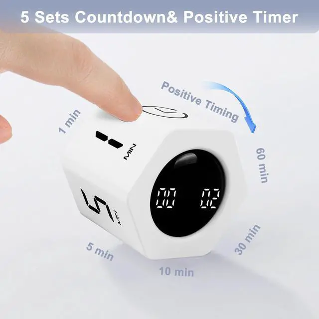 Alt view image 6 of 7 - Rotating Pomodoro Timer 1 5 10 30 60 Min Preset, Hexagon ADHD Flip ProductivityTimer Tool Pause, Vibration, Mute, Adjustable Sound Alert for Work, Study, Back to School, Kitchen, White