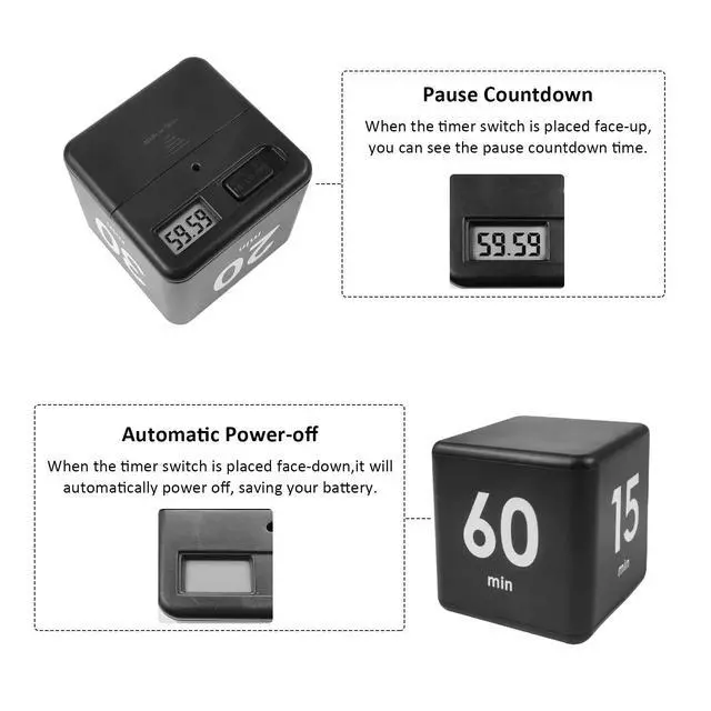 Alt view image 3 of 7 - Flip Timer, Productivity Cube Timer for Kitchen Studying Workout Classroom Kids ADHD 15-20-30-60 Minute Preset, Black