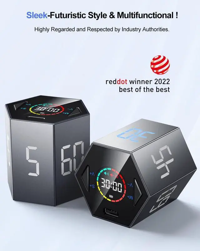 Alt view image 3 of 7 - Pomodoro Timer Cube, Hexagon Productivity Timer, Pause & Resume, Silent, Vibrate & Adjustable Sound Alert, for ADHD, Task, Work, Study, 5/15/25/30/45/60min & Custom Countdown,Gray