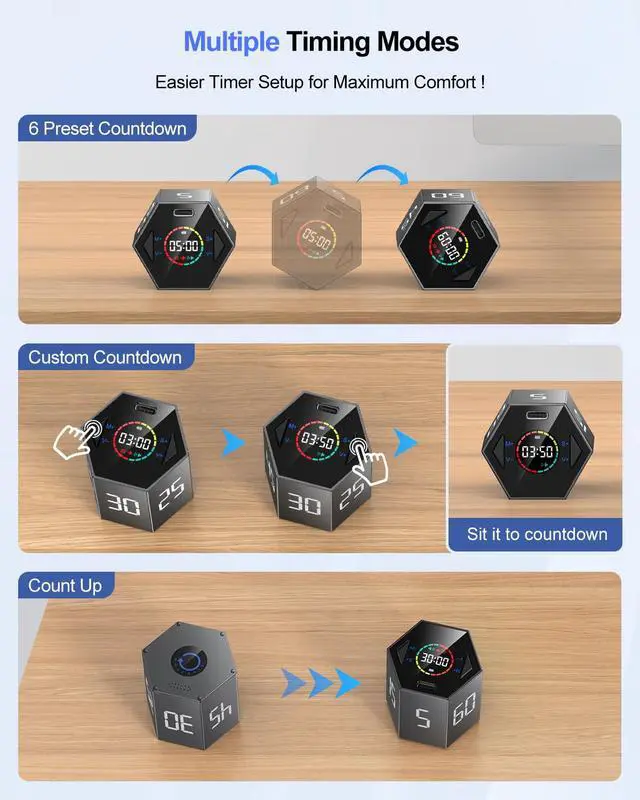 Alt view image 5 of 7 - Pomodoro Timer Cube, Hexagon Productivity Timer, Pause & Resume, Silent, Vibrate & Adjustable Sound Alert, for ADHD, Task, Work, Study, 5/15/25/30/45/60min & Custom Countdown,Gray