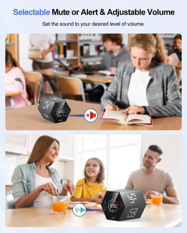 Alt view image 6 of 7 - Pomodoro Timer Cube, Hexagon Productivity Timer, Pause & Resume, Silent, Vibrate & Adjustable Sound Alert, for ADHD, Task, Work, Study, 5/15/25/30/45/60min & Custom Countdown,Gray