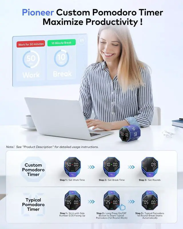 Alt view image 3 of 7 - Pomodoro Timer Cube, Custom Pomodoro, Pause & Resume, Silent, Vibrate & Adjustable Sound Alert, for ADHD, Task, Work, Study, 3/5/10/15/30/45/60min & Custom Countdown, Blue