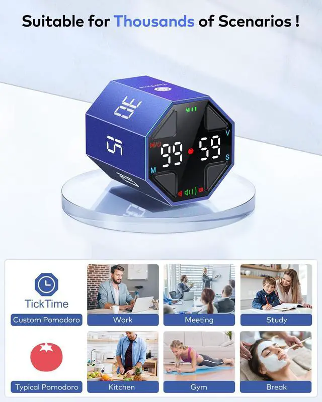 Alt view image 5 of 7 - Pomodoro Timer Cube, Custom Pomodoro, Pause & Resume, Silent, Vibrate & Adjustable Sound Alert, for ADHD, Task, Work, Study, 3/5/10/15/30/45/60min & Custom Countdown, Blue