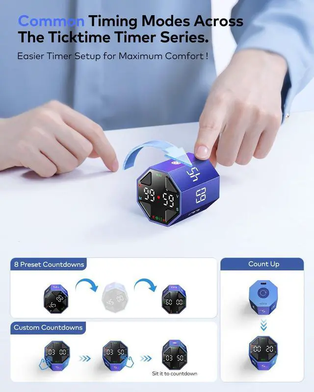 Alt view image 6 of 7 - Pomodoro Timer Cube, Custom Pomodoro, Pause & Resume, Silent, Vibrate & Adjustable Sound Alert, for ADHD, Task, Work, Study, 3/5/10/15/30/45/60min & Custom Countdown, Blue