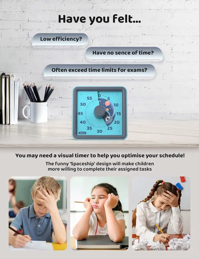 Alt view image 3 of 7 - 60 Minute Visual Timer for Kids, Visual Countdown Timer for Classroom Office Kitchen with 'Space Ship' Pattern Design, Pomodoro Timer with Silent Operation (Batteries Included)