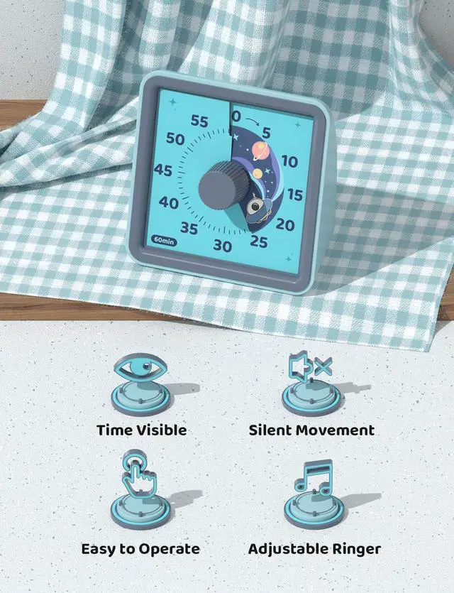 Alt view image 4 of 7 - 60 Minute Visual Timer for Kids, Visual Countdown Timer for Classroom Office Kitchen with 'Space Ship' Pattern Design, Pomodoro Timer with Silent Operation (Batteries Included)