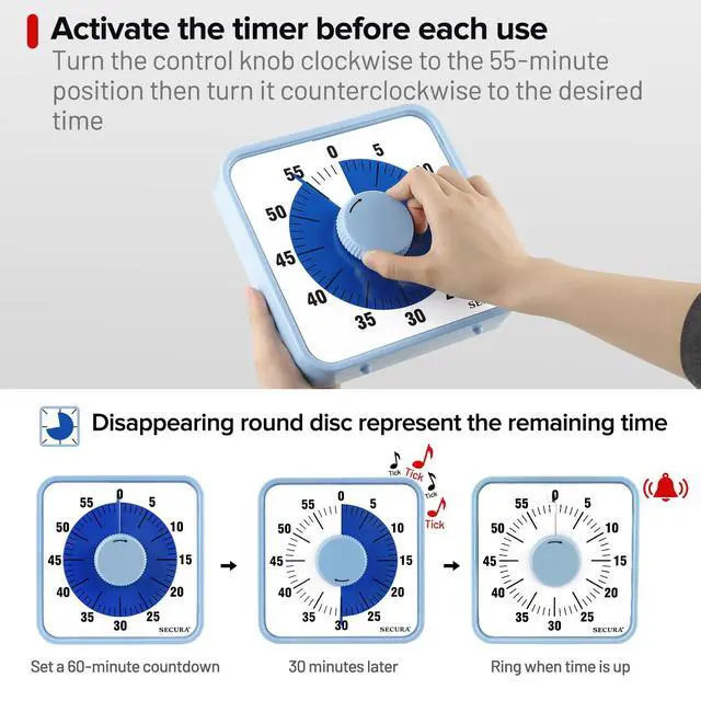 Alt view image 3 of 7 - 60-Minute Visual Countdown Timer, 7.5-Inch Oversize Classroom Visual Timer for Kids and Adults, Durable Mechanical Kitchen Timer Clock with Magnetic Backing (Navy Blue)