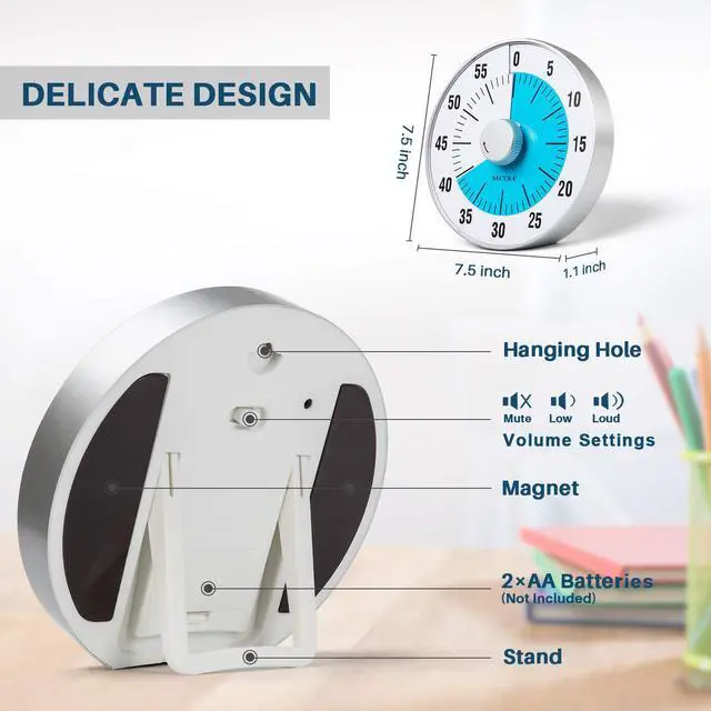 Alt view image 2 of 7 - 7.5-Inch Oversize Visual Countdown Timer, 60-Minute Kitchen Timer | Time Management Tool for Kids, Teachers and Adults (Blue)
