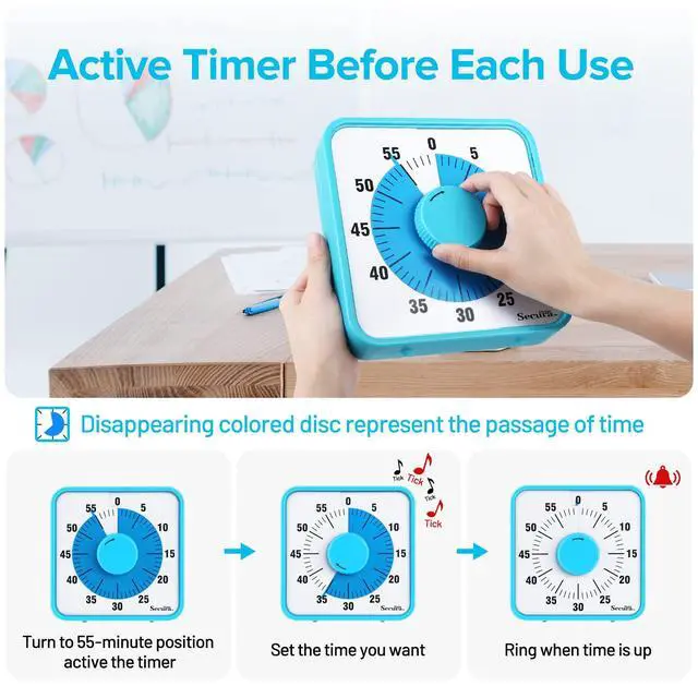 Alt view image 3 of 7 - 60-Minute Visual Timer, 7.5 Inch Oversize Countdown Timer Clock for Kids and Adults, Durable Mechanical Time Management Tool with Magnetic Backing Sky Blue
