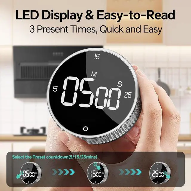 Alt view image 3 of 7 - Digital Kitchen Timer with Magnetic, Large LED Display Countdown/Countup Timer, Pomodoro Preset 5/15/25 Mins, Volume & Brightness Adjustable for Cooking Baking Working Studying Silver