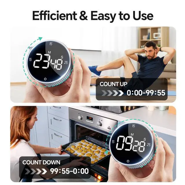 Alt view image 7 of 7 - Digital Kitchen Timer with Magnetic, Large LED Display Countdown/Countup Timer, Pomodoro Preset 5/15/25 Mins, Volume & Brightness Adjustable for Cooking Baking Working Studying Silver