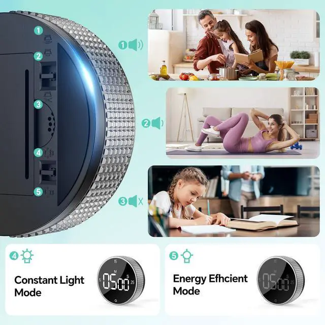 Alt view image 5 of 7 - Digital Kitchen Timer with Magnetic, Large LED Display Countdown/Countup Timer, Pomodoro Preset 5/15/25 Mins, Volume & Brightness Adjustable for Cooking Baking Working Studying Silver