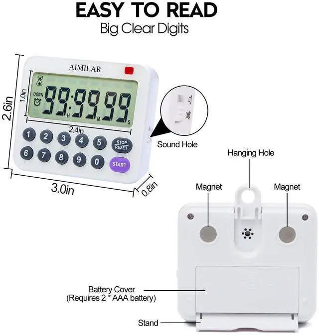 Alt view image 6 of 7 - Magnetic Digital Kitchen Timer with Direct Numerical Keypad, Loud Alarm - 99Hr Countdown Count Up Timer for Cooking Baking Classroom, Batteries Included
