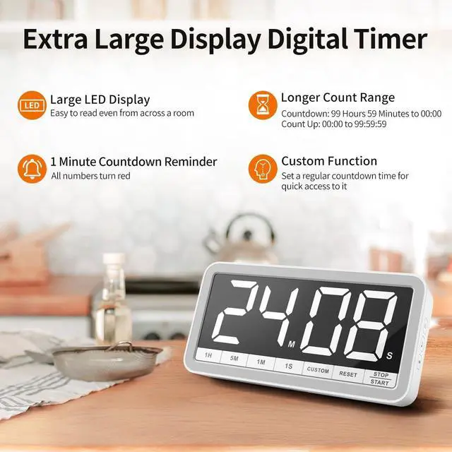 Alt view image 2 of 7 - Digital Kitchen Timer with 7.8 Extra Large Display, Magnetic, LED with 3 Brightness, 4 Alarms and 3 Volume Levels, Battery Countdown Count Up Timer for Cooking, Classroom, Home Gym (White)