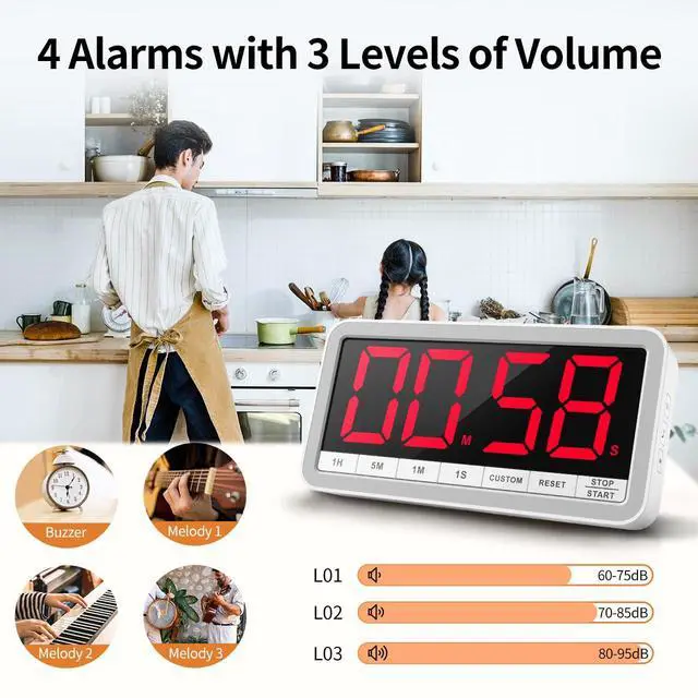 Alt view image 4 of 7 - Digital Kitchen Timer with 7.8 Extra Large Display, Magnetic, LED with 3 Brightness, 4 Alarms and 3 Volume Levels, Battery Countdown Count Up Timer for Cooking, Classroom, Home Gym (White)