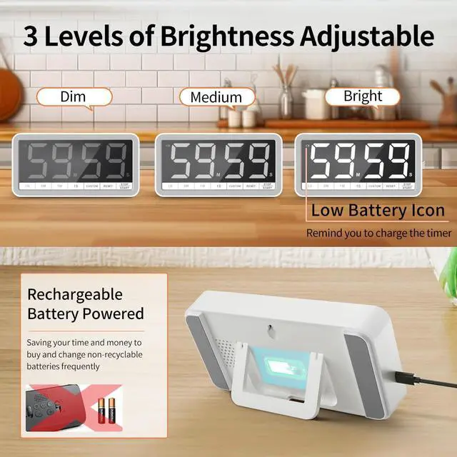 Alt view image 5 of 7 - Digital Kitchen Timer with 7.8 Extra Large Display, Magnetic, LED with 3 Brightness, 4 Alarms and 3 Volume Levels, Battery Countdown Count Up Timer for Cooking, Classroom, Home Gym (White)