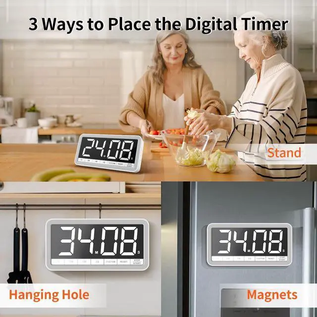 Alt view image 6 of 7 - Digital Kitchen Timer with 7.8 Extra Large Display, Magnetic, LED with 3 Brightness, 4 Alarms and 3 Volume Levels, Battery Countdown Count Up Timer for Cooking, Classroom, Home Gym (White)
