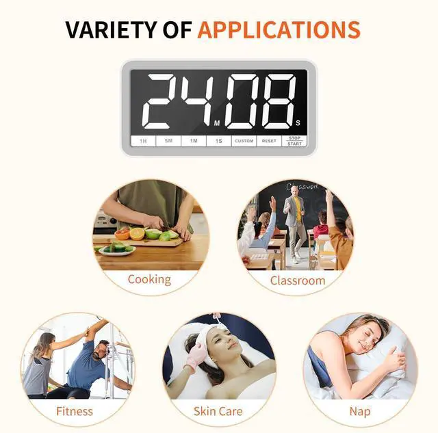 Alt view image 7 of 7 - Digital Kitchen Timer with 7.8 Extra Large Display, Magnetic, LED with 3 Brightness, 4 Alarms and 3 Volume Levels, Battery Countdown Count Up Timer for Cooking, Classroom, Home Gym (White)