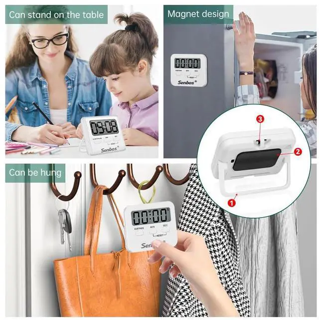 Alt view image 4 of 7 - Digital Kitchen Timer with Loud Alarm - Magnetic Countdown/Countup Timer, Silent Mode, Large LED Display for Cooking, Classroom, Kids & Seniors (White)