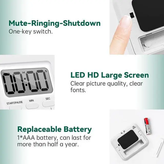 Alt view image 6 of 7 - Digital Kitchen Timer with Loud Alarm - Magnetic Countdown/Countup Timer, Silent Mode, Large LED Display for Cooking, Classroom, Kids & Seniors (White)