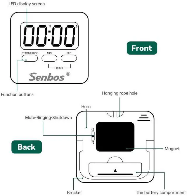 Alt view image 7 of 7 - Digital Kitchen Timer with Loud Alarm - Magnetic Countdown/Countup Timer, Silent Mode, Large LED Display for Cooking, Classroom, Kids & Seniors (White)