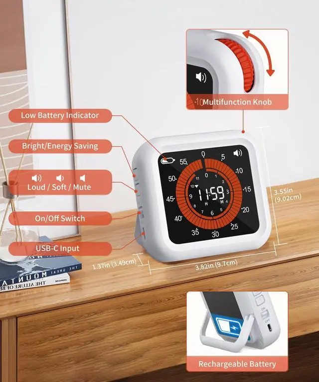 Alt view image 5 of 7 - Digital Visual Timer - Max 11H 59M Rechargeable Countdown Timer with VA Display, Clear Digits, Adjustable Volume and Brightness, Magnetic Digital Timer for Kitchen, Classroom, Office (White)
