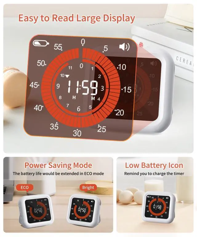 Alt view image 4 of 7 - Digital Visual Timer - Max 11H 59M Rechargeable Countdown Timer with VA Display, Clear Digits, Adjustable Volume and Brightness, Magnetic Digital Timer for Kitchen, Classroom, Office (White)