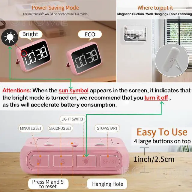 Alt view image 2 of 7 - Digital Large Display Visual Timer Stopwatch for Kitchen Teacher School Classroom Cooking, Night Light Magnetic Bathroom Makeup Mirror LED Stop Clock Timer, 99 Minutes Countdown, Loud/Silent (White)