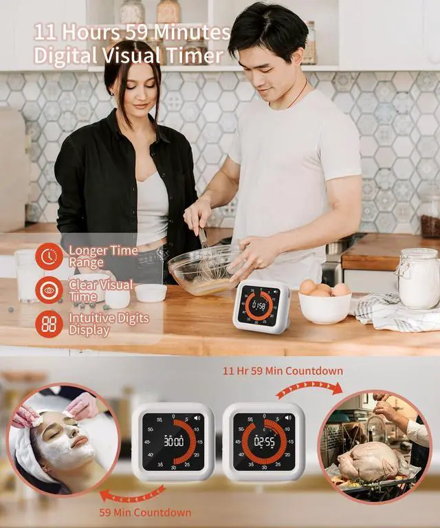 Alt view image 2 of 7 - Digital Visual Timer - Max 11H 59M Rechargeable Countdown Timer with VA Display, Clear Digits, Adjustable Volume and Brightness, Magnetic Digital Timer for Kitchen, Classroom, Office (White)