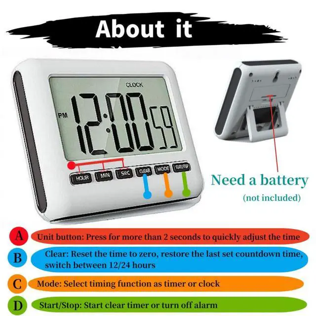 Alt view image 3 of 7 - Magnetic Clock Digital Small for Fridge Stove with Clip Kitchen Timer Clocks Large Screen Loud Alarm 12/24 Hour Multi-Functional Countdown for Baking Sports Office Classroom 3.34x2.83 Inches Black