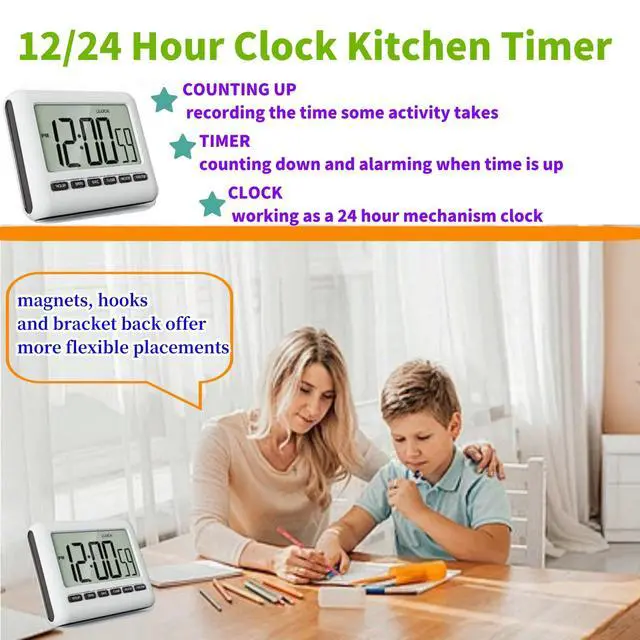 Alt view image 6 of 7 - Magnetic Clock Digital Small for Fridge Stove with Clip Kitchen Timer Clocks Large Screen Loud Alarm 12/24 Hour Multi-Functional Countdown for Baking Sports Office Classroom 3.34x2.83 Inches Black