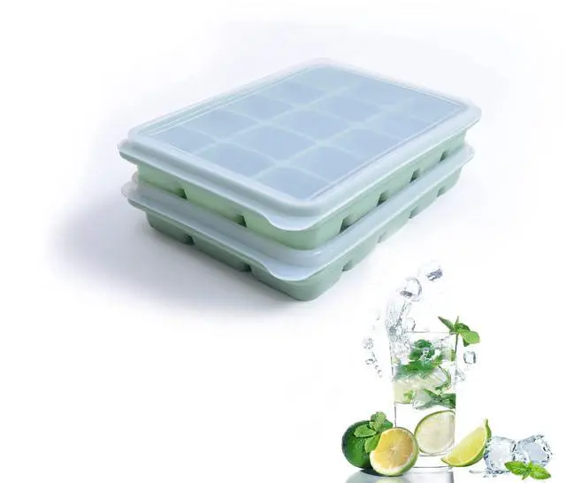 Main image of Ice Cube Trays Set of 2, Easy Release 15 Flexible Silicone Ice Cube Molds with Removable Lid Reusable Freezer Ice Trays Stackable for Whiskey, BPA Free (BAMBOO GREEN)