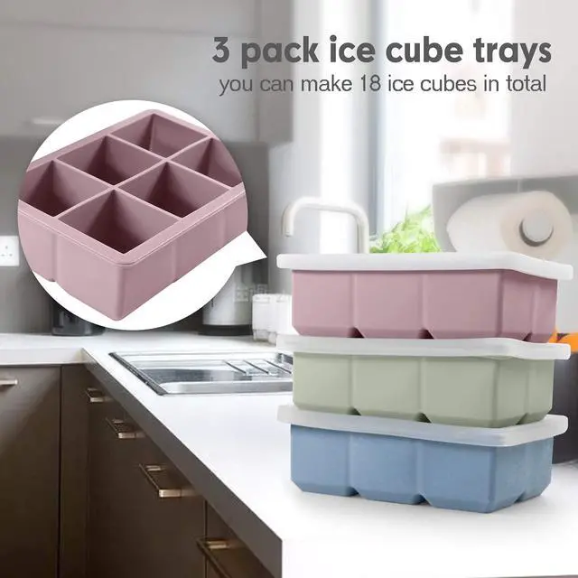 Alt view image 4 of 6 - Silicone Ice Cube Trays 3 Pack - Large Size Silicone Ice Cube Molds with Leak Proof Removable Lid Square Ice Cube Tray And BPA Free for Cocktail,Whiskey, Stackable Flexible Ice