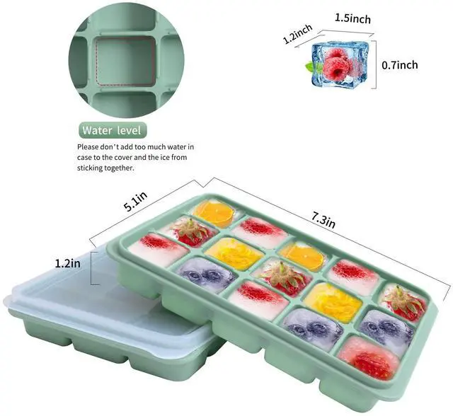 Alt view image 2 of 7 - Ice Cube Trays Set of 2, Easy Release 15 Flexible Silicone Ice Cube Molds with Removable Lid Reusable Freezer Ice Trays Stackable for Whiskey, BPA Free (BAMBOO GREEN)