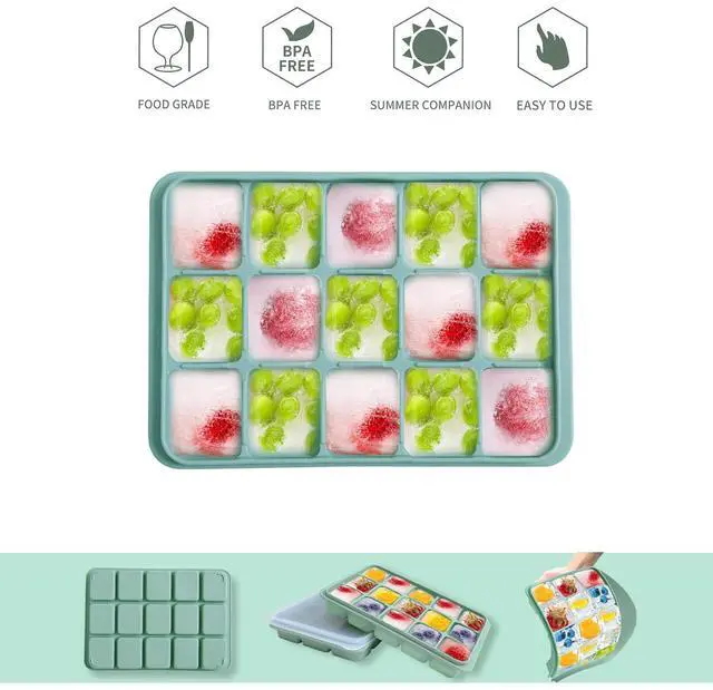 Alt view image 3 of 7 - Ice Cube Trays Set of 2, Easy Release 15 Flexible Silicone Ice Cube Molds with Removable Lid Reusable Freezer Ice Trays Stackable for Whiskey, BPA Free (BAMBOO GREEN)