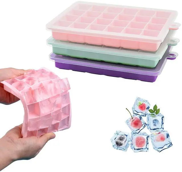 Main image of Ice Cube Tray, 3 Pack Silicone Ice Cube Molds, Ice Cube Trays, Silicone Ice Trays, Easier to Release, BPA Free for Alcohol/Coffee/Beverages (Pink, Light blue, Purple)