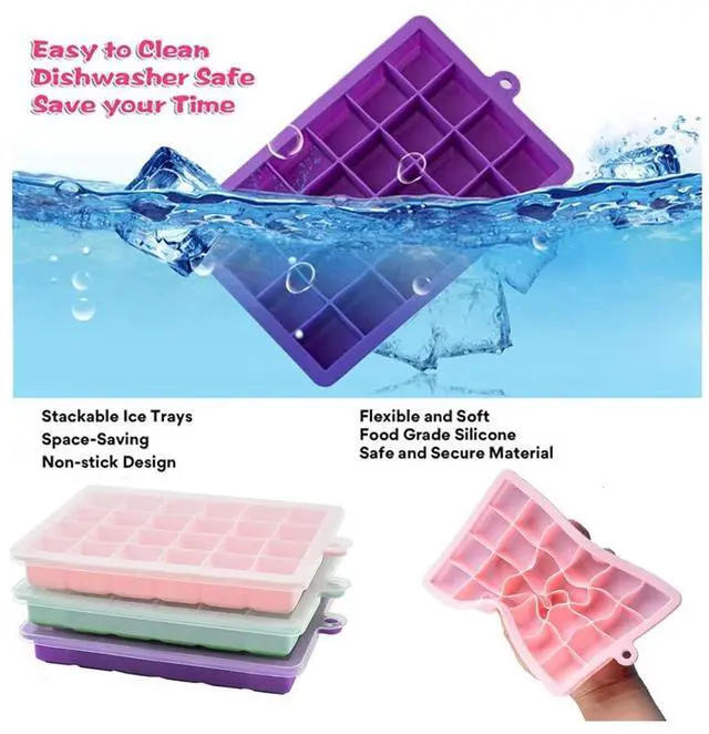 Alt view image 6 of 7 - Ice Cube Tray, 3 Pack Silicone Ice Cube Molds, Ice Cube Trays, Silicone Ice Trays, Easier to Release, BPA Free for Alcohol/Coffee/Beverages (Pink, Light blue, Purple)