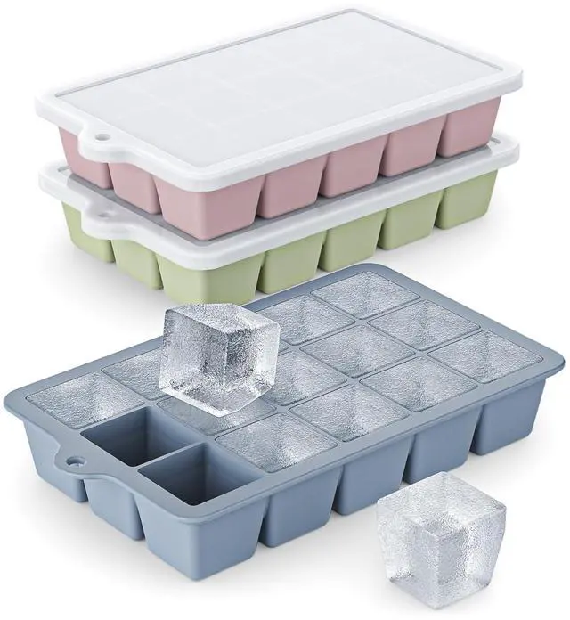 Main image of Silicone Ice Cube Tray 3 Pack - EASY RELEASE ice cube tray with lid, BPA Free Ice Cubes Trays for Freezer,ice cube mold for Cocktail,Whiskey (Blue+Pink+Green)