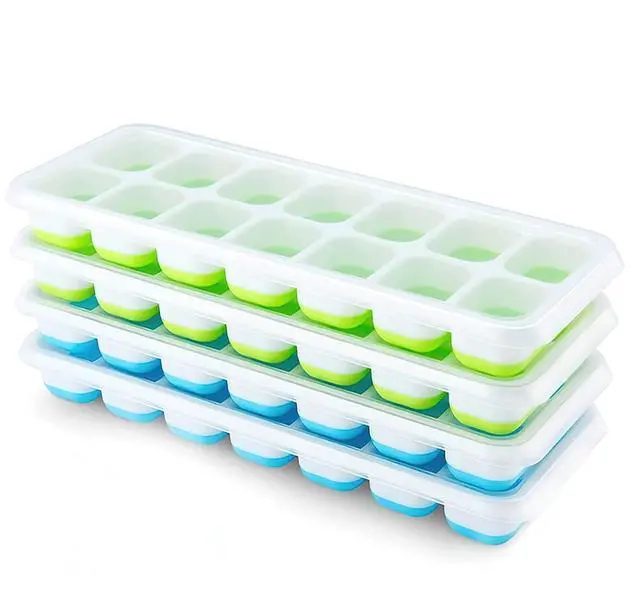 Main image of Ice Cube Trays 4 Pack, Silicone with Removable Lid, Easy-Release Flexible 14-cube Trays, LFGB Certified and BPA Free, Stackable Covers for Cocktail, Freezer