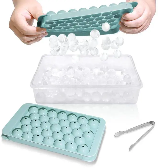Main image of Ice Cube Tray with Lid and Bin - Round Ice Trays for Freezer with Lid - Ice Cube Trays for Freezer with Ice Container (1"-2PACK Blue)