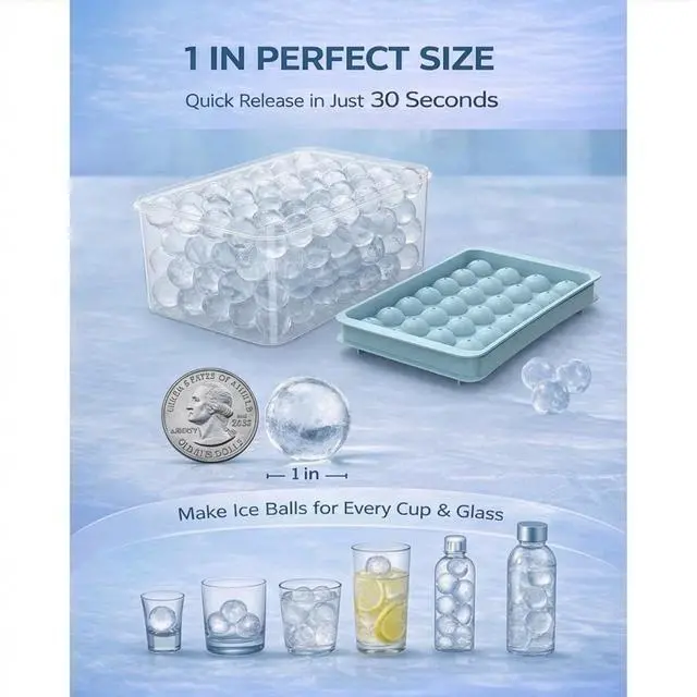 Alt view image 3 of 7 - Ice Cube Tray with Lid and Bin - Round Ice Trays for Freezer with Lid - Ice Cube Trays for Freezer with Ice Container (1"-2PACK Blue)