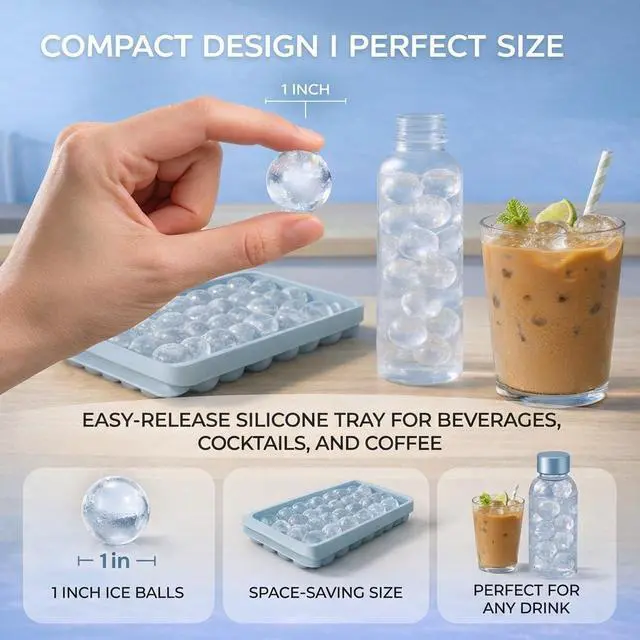 Alt view image 7 of 7 - Ice Cube Tray with Lid and Bin - Round Ice Trays for Freezer with Lid - Ice Cube Trays for Freezer with Ice Container (1"-2PACK Blue)