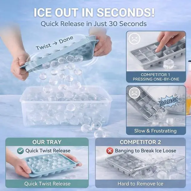 Alt view image 2 of 7 - Ice Cube Tray with Lid and Bin - Round Ice Trays for Freezer with Lid - Ice Cube Trays for Freezer with Ice Container (1"-2PACK Blue)
