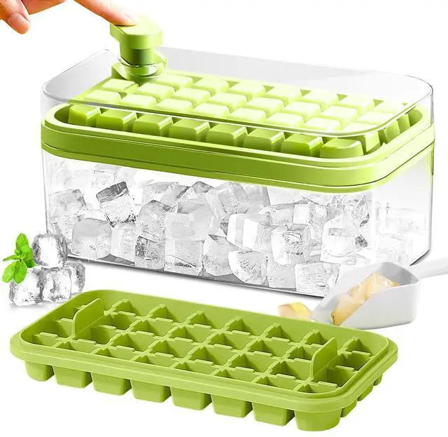 Main image of Ice Cube Tray with Lid and Bin, 2 Pack Ice Cube Trays for Freezer, 64 Pcs Ice Cube Mold, Press Button Easy Release Ice Tray, Small Ice Cubes Maker for Drinks(Green)