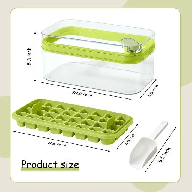 Alt view image 3 of 6 - Ice Cube Tray with Lid and Bin, 2 Pack Ice Cube Trays for Freezer, 64 Pcs Ice Cube Mold, Press Button Easy Release Ice Tray, Small Ice Cubes Maker for Drinks(Green)