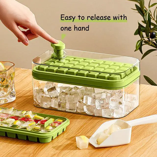 Alt view image 4 of 6 - Ice Cube Tray with Lid and Bin, 2 Pack Ice Cube Trays for Freezer, 64 Pcs Ice Cube Mold, Press Button Easy Release Ice Tray, Small Ice Cubes Maker for Drinks(Green)